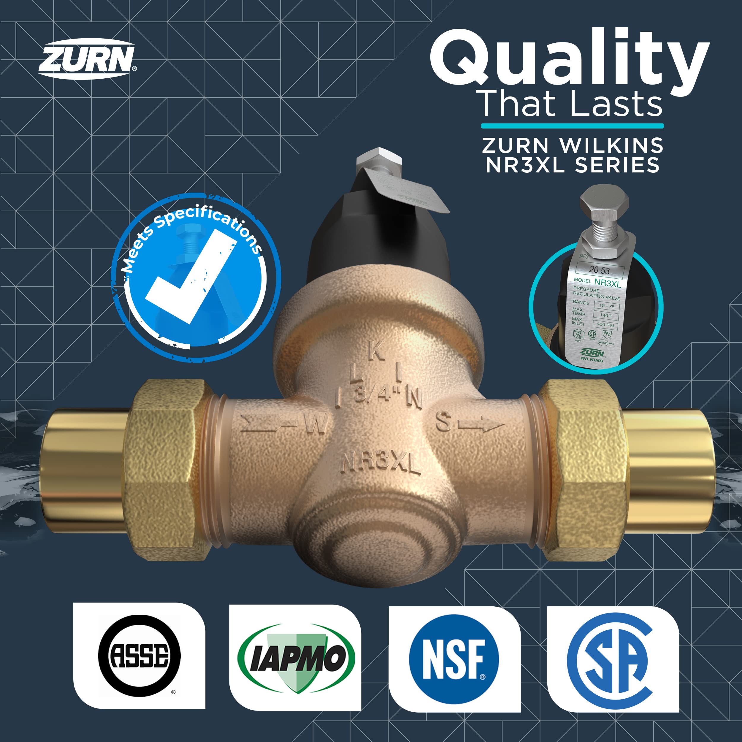 Zurn Wilkins 34-NR3XLDUPEX 3/4" NR3XL Pressure Reducing Valve with Double Union PEX Crimp Tailpiece Connection - Image 9