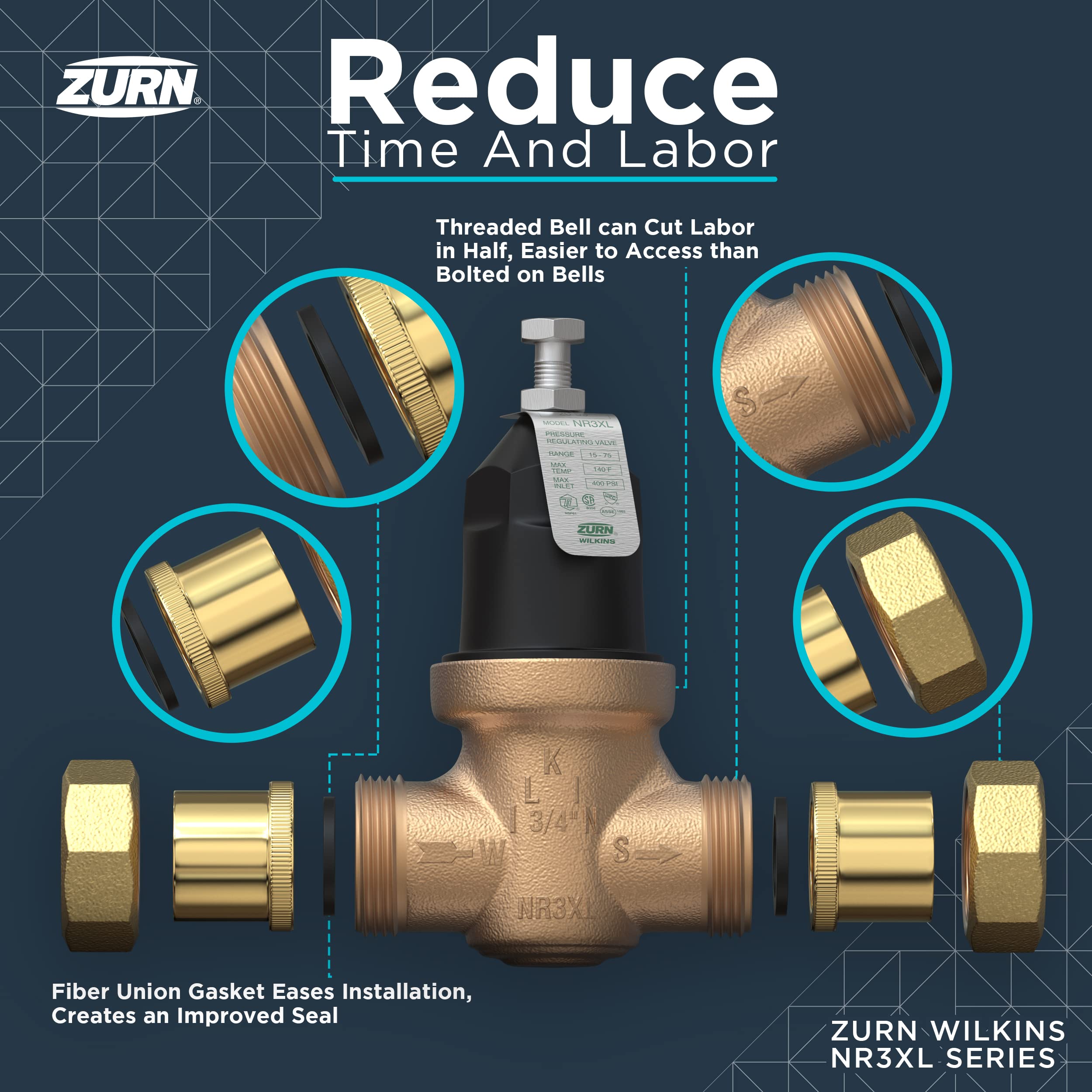 Zurn Wilkins 34-NR3XLDUPEX 3/4" NR3XL Pressure Reducing Valve with Double Union PEX Crimp Tailpiece Connection - Image 10
