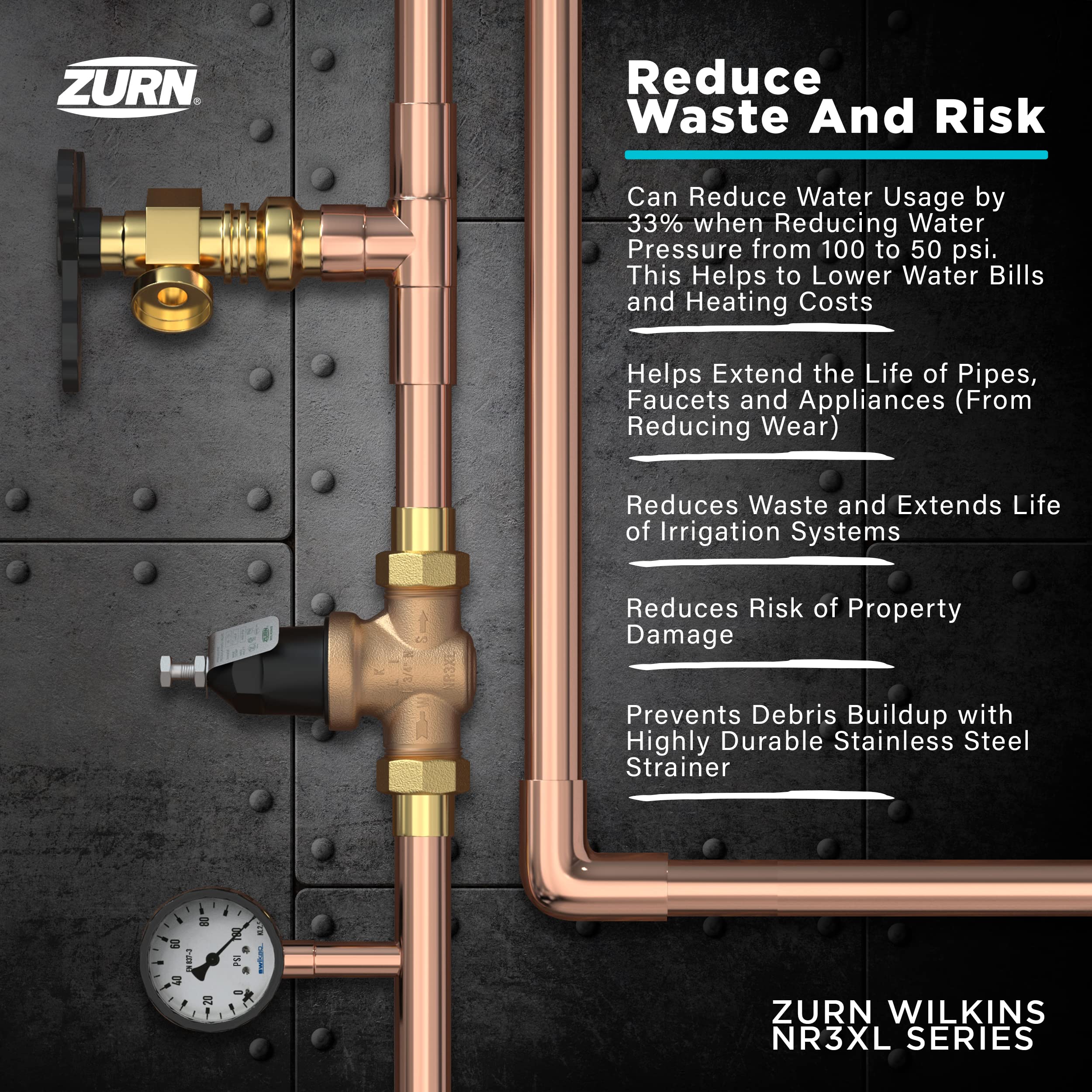 Zurn Wilkins 34-NR3XLDUPEX 3/4" NR3XL Pressure Reducing Valve with Double Union PEX Crimp Tailpiece Connection - Image 4