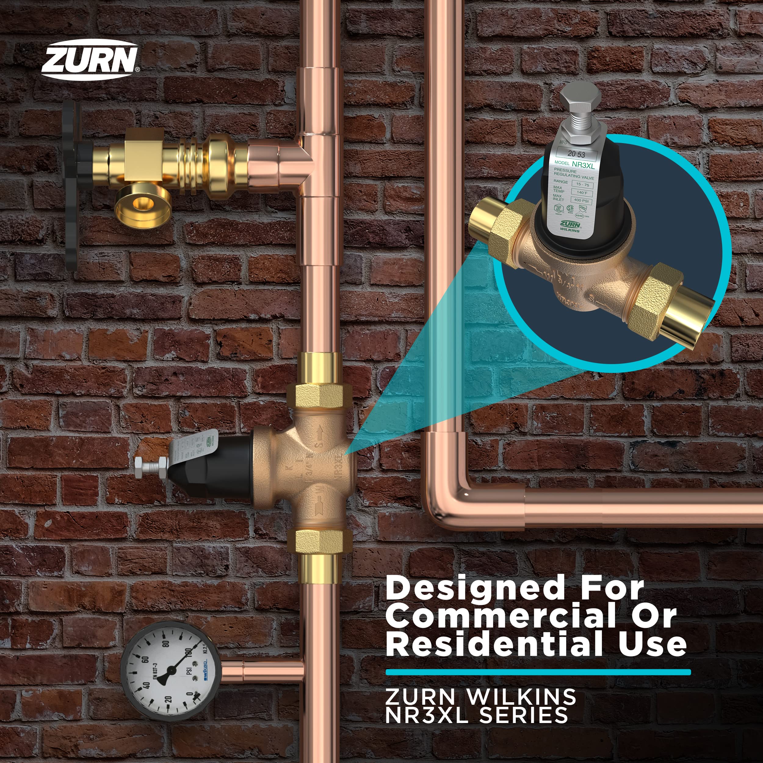Zurn Wilkins 34-NR3XLDUPEX 3/4" NR3XL Pressure Reducing Valve with Double Union PEX Crimp Tailpiece Connection - Image 5