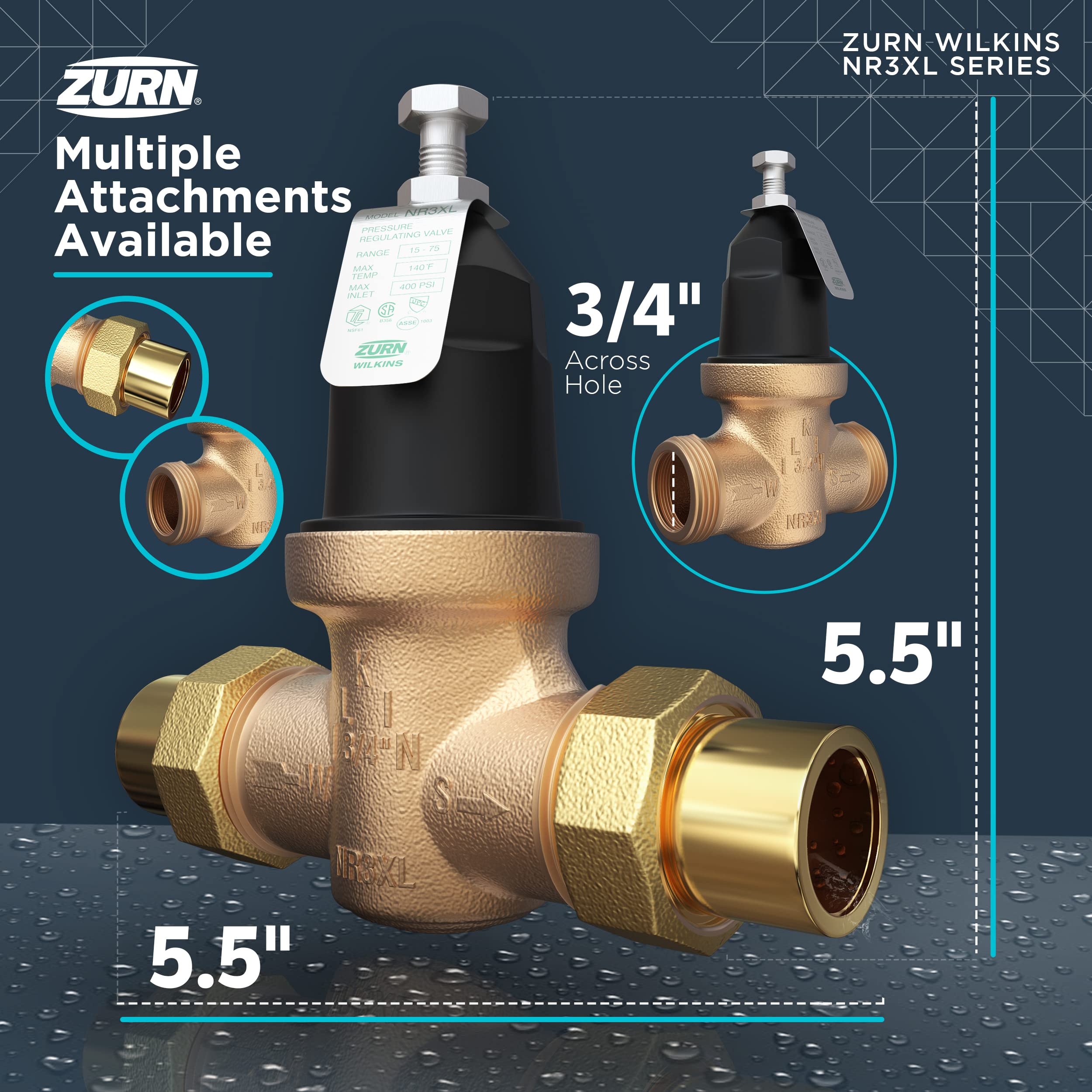 Zurn Wilkins 34-NR3XLDUPEX 3/4" NR3XL Pressure Reducing Valve with Double Union PEX Crimp Tailpiece Connection - Image 8